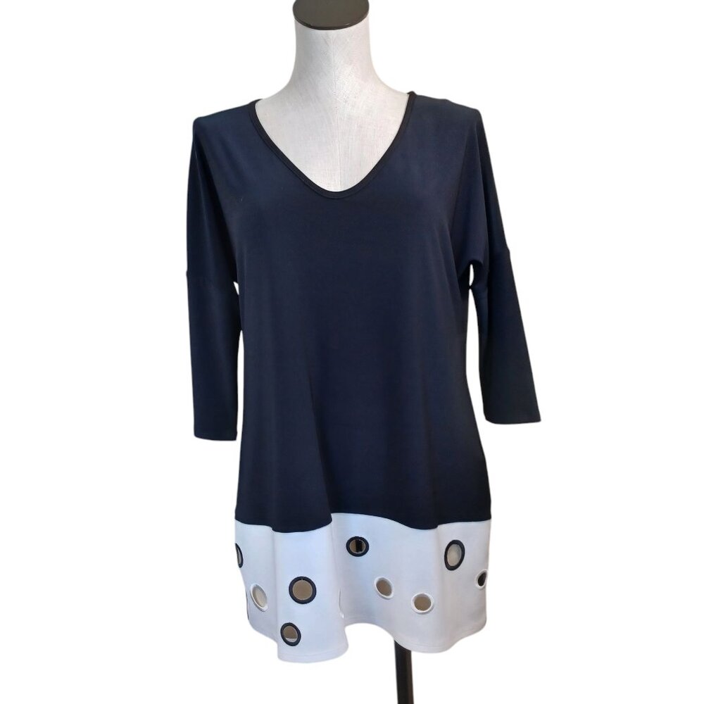 Joseph Ribkoff‎ Tunic Black White Embroidered V Neck Stretch Popover Womens US 6